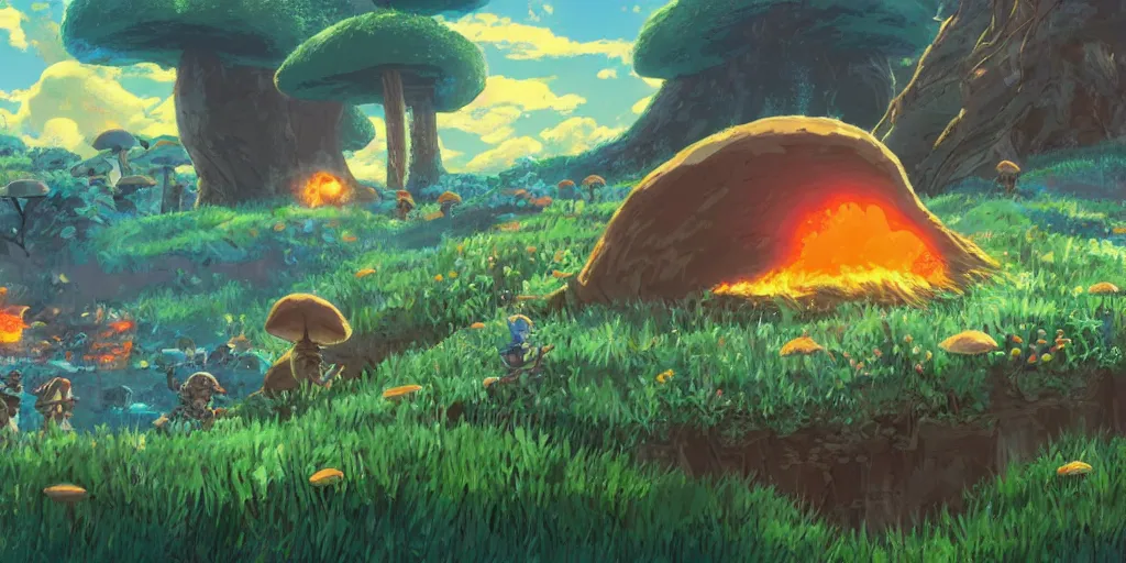 Image similar to epic mushrooms, vivid tones, wide angle, by miyazaki, nausicaa, studio ghibli, breath of the wild