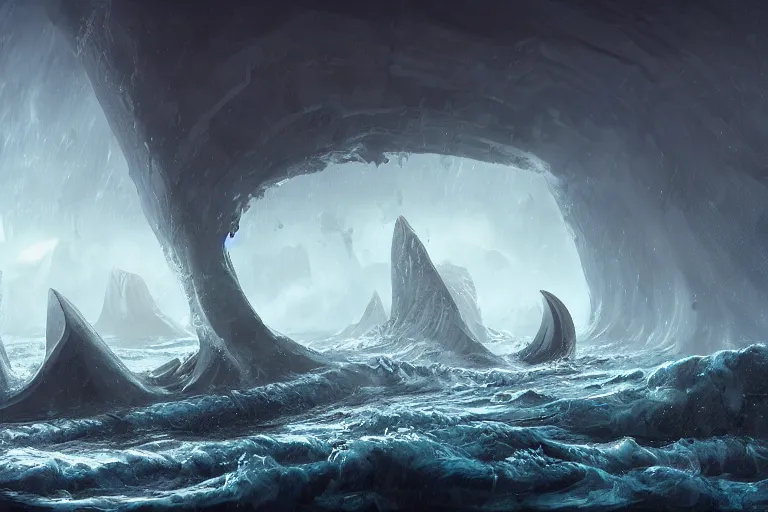 Prompt: Scylla and Charybdis, The Argo, Ancient Greek Trireme, Plows through storm tossed ocean waves, enormous Krakens, threaten from a rocky caves, the air is alive with rain lighting and fear by Jessica Rossier and HR Giger cinematic concept painting