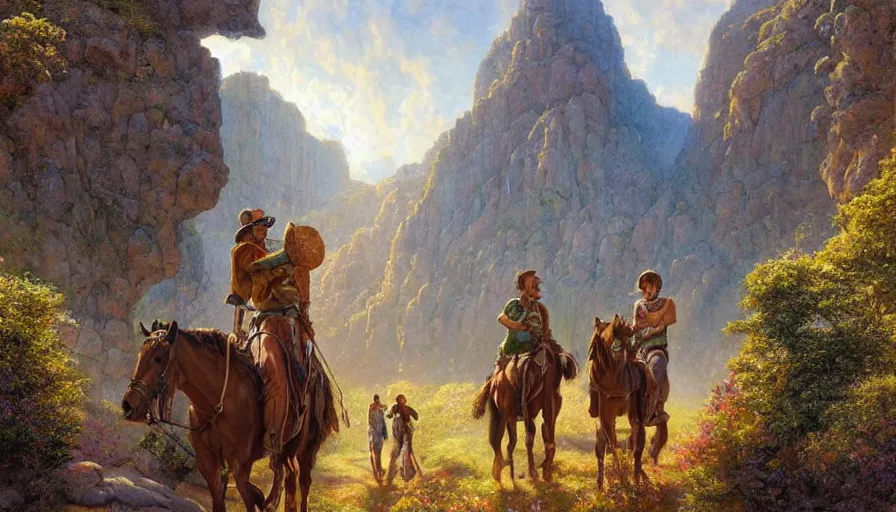 Image similar to weary travellers on horseback through a mountain path surrounded by giant statues of greek gods, soft lighting, pastel colors, ultra high detail, oil on canvas, HD, by Gilbert Williams, by Jeffrey Smith, by John Howe, by Michael Whelan