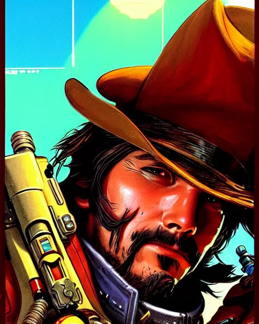 Image similar to mccree from overwatch, character portrait, portrait, close up, concept art, intricate details, highly detailed, vintage sci - fi poster, retro future, in the style of chris foss, rodger dean, moebius, michael whelan, and gustave dore