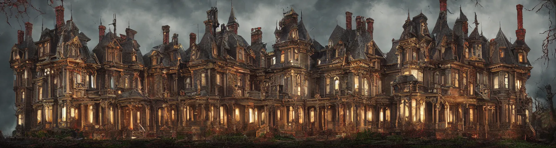 Prompt: a victorian mansion addams family style, colorful, hyper detailed, horror, cinematic atmosphere, arnold render, dramatic lighting, trending on artstation, cgsociety,