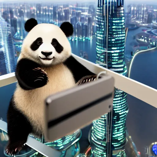 Image similar to A cute Panda taking a selfie on top of Burj Khalifa, hyperrealistic, highly detailed, depth of field, High definition, 8k, octane render, artstation