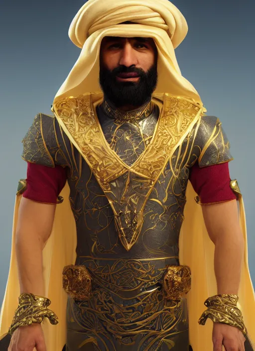 Image similar to portrait of sheikh mohammad ruler of dubai, drak fantasy goblin, head and torso only, cinematic lighting, studio quality, smooth render, unreal engine 5 rendered, octane rendered, art style by klimt and nixeu and ian sprigger and wlop and krenz cushart.