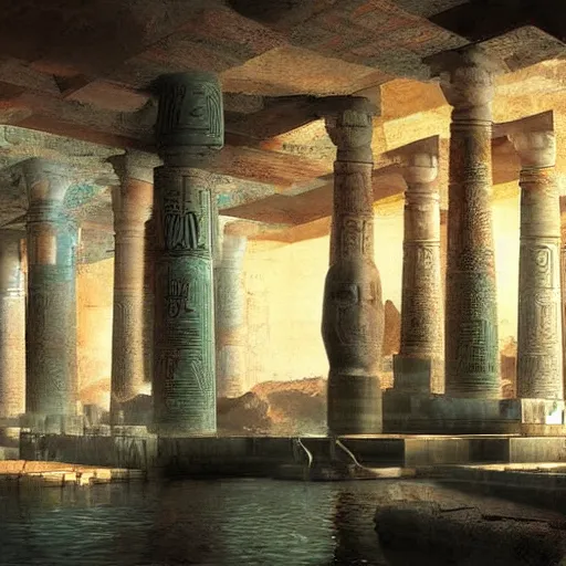 Prompt: ancient egypts interior with waterfalls, digital art, retrowave