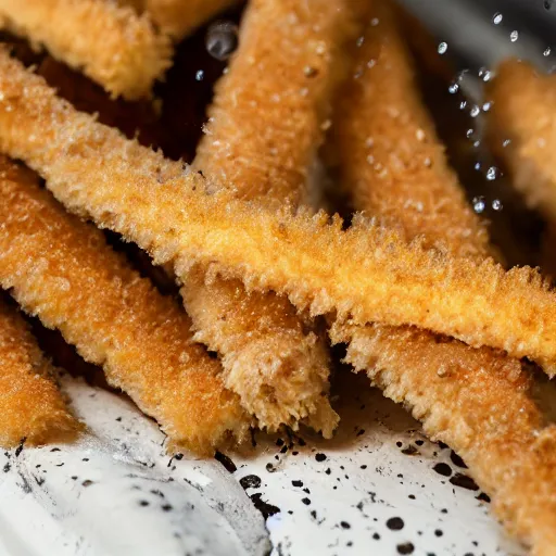 Prompt: Soaking wet soggy fish stick drenched with a stream water from a faucet on a moist wet plate. Very wet delicious crusty fish sticks. Macro lens close up 4K food commercial shot