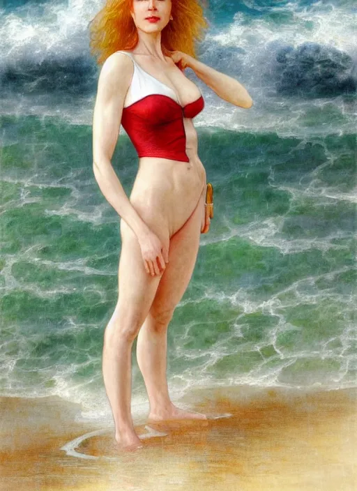 Image similar to portrait Nicole Kidman as sea lifeguard on the beach, full length shot, shining, 8k highly detailed, sharp focus, illustration, art by artgerm, mucha, bouguereau