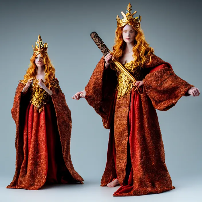 Image similar to photograph of a real-life beautiful fire queen with intricate crown and cloak. Extremely detailed. 8k