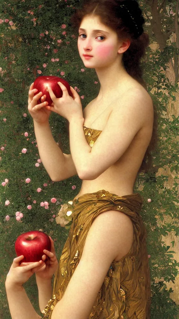 Image similar to painting portrait of a beautiful girl with an apple in her hand, intricate, elegant, digital painting, smooth, sharp focus, shiny gold, realistic gold, realistic metal, by William-Adolphe Bouguereau and Gustav Klimt,