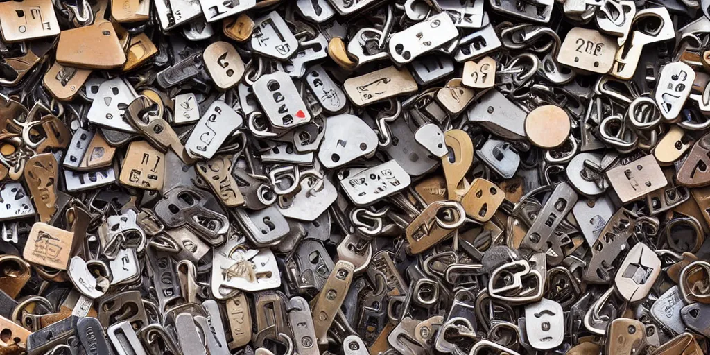 Prompt: heap of 3 0 keys of different sizes and styles, unsorted product photo, wallpaper, high detail