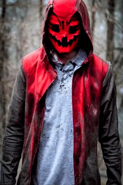 Image similar to red hood cosplay, creepy, disturbing, bloody