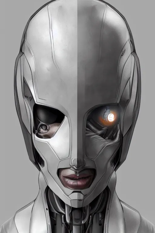 Prompt: a portrait of a faceless cyborg with a hood and mechanical part by Mars Chris, highly detailed, trending on artstation