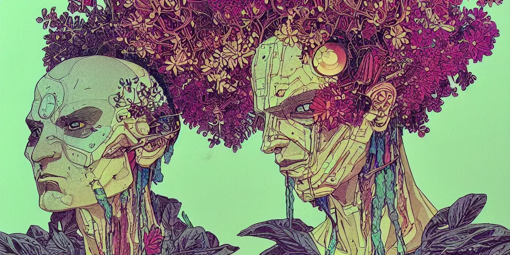 Image similar to risograph grainy drawing futuristic sci - fi antagonist face wearing earrings, photorealistic colors, face covered with plants and flowers, by moebius and satoshi kon and dirk dzimirsky close - up portrait, hyperrealistic