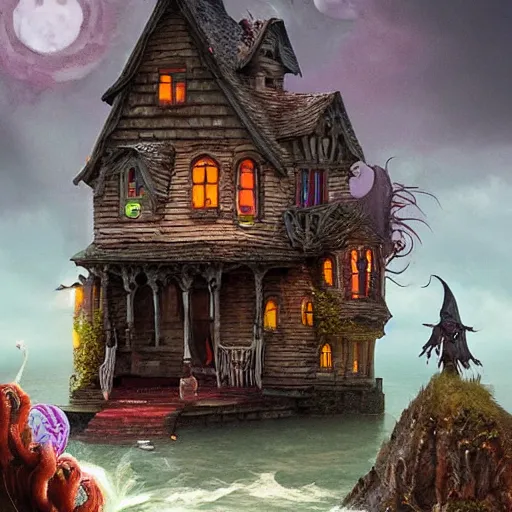 Image similar to a scary witch in front of a witche house made out of candy, floating on the ocean, epic scene, fantasy, cinematic, hyper - detailed, in the style of greg rutkowski