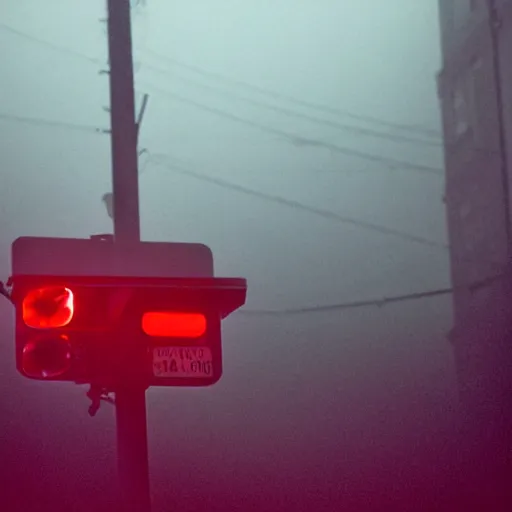 Image similar to A stunningly beautiful award-winning 8K high angle close up cinematic movie photograph of a red stop light in a spooky foggy empty lightless moonlit main intersection in an abandoned 1950s small town at night, by David Fincher and Darius Khonji. perfect composition, shot from roofline, moody low key backlit. Color palette from Seven, greens yellows and reds. 2 point perspective, high angle from 15 feet off the ground. Octane render