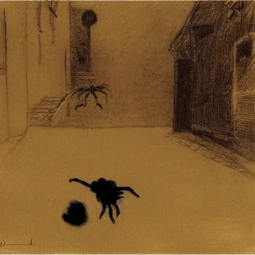 Image similar to manga spider with girl face and her cat with 8 legs wolking on street by odilon redon