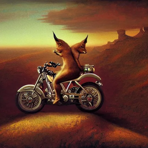 Image similar to a detailed painting of a cute caracal riding a harley davidson motorcycle. movie scene, cinematic scene, sunset, road. by beksinski and carl spitzweg and tuomas korpi. baroque elements. baroque element. intricate artwork by caravaggio. oil painting. award winning. trending on artstation. 8 k