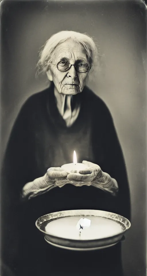 Prompt: a wet plate photograph, a portrait of a wise old woman holding a lit incense candle