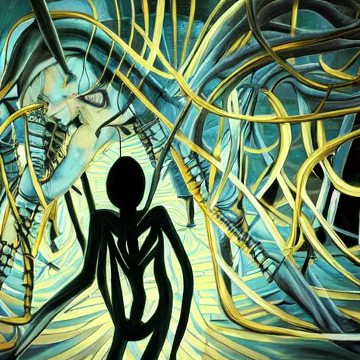 Image similar to A beautiful art installation of a human figure. The figure is shown in a contorted state, with their limbs and torso twisted in a seemingly impossible way. The figure is also shown with a number of facial piercings, and their eyes are rolled back in their head, giving them a wild and maniacal appearance. blue-green, jet black by Stephan Martinière, by Jan van Eyck tender