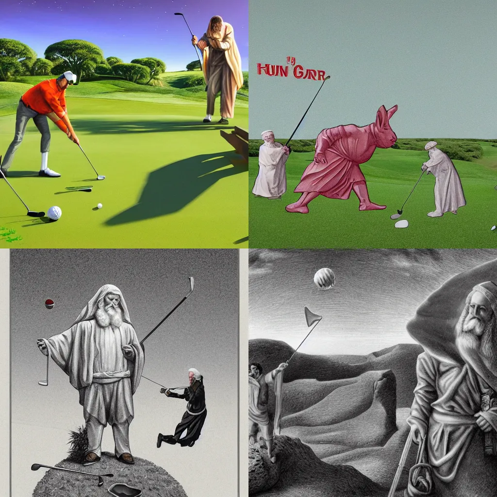 Prompt: jesus сhrist and karl marx playing golf on planet surface, a giant rabbit stands near, pencil, concept art, detailed, 4k resolution, by Escher