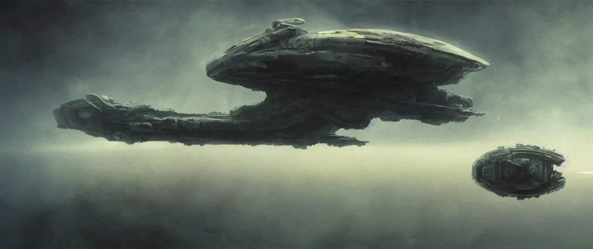 Prompt: concept art, small spaceship drifting in space, industrial design, industrial apparent, immensity, wide angle, cinematic lighting, 4k, widescreen ratio, by beksinski