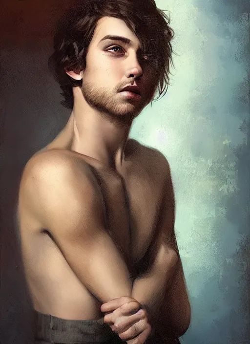 Image similar to a portrait of a content young man with short brown hair, art by manuel sanjulian and tom bagshaw