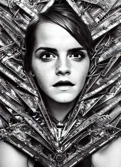 Image similar to expressive full body photo of emma watson, dress made of steel blades, glamour shot, by karol bak, stefan gesell, photorealistic, nikon d 4 x, fashion photography, hyper maximalist, elegant, ornate, luxury, elite, environmental portrait, symmetrical features, octane render, unreal engine, solid dark grey background, dramatic lights