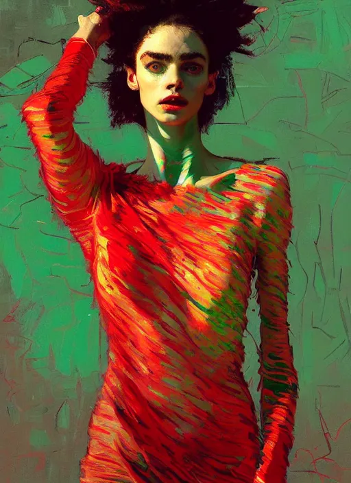 Prompt: portrait of yael shelbia, sensual, ecstatic, dancing, shades green and red, beautiful face, rule of thirds, intricate outfit, spotlight, by greg rutkowski, by jeremy mann, by francoise nielly, by van gogh, digital painting