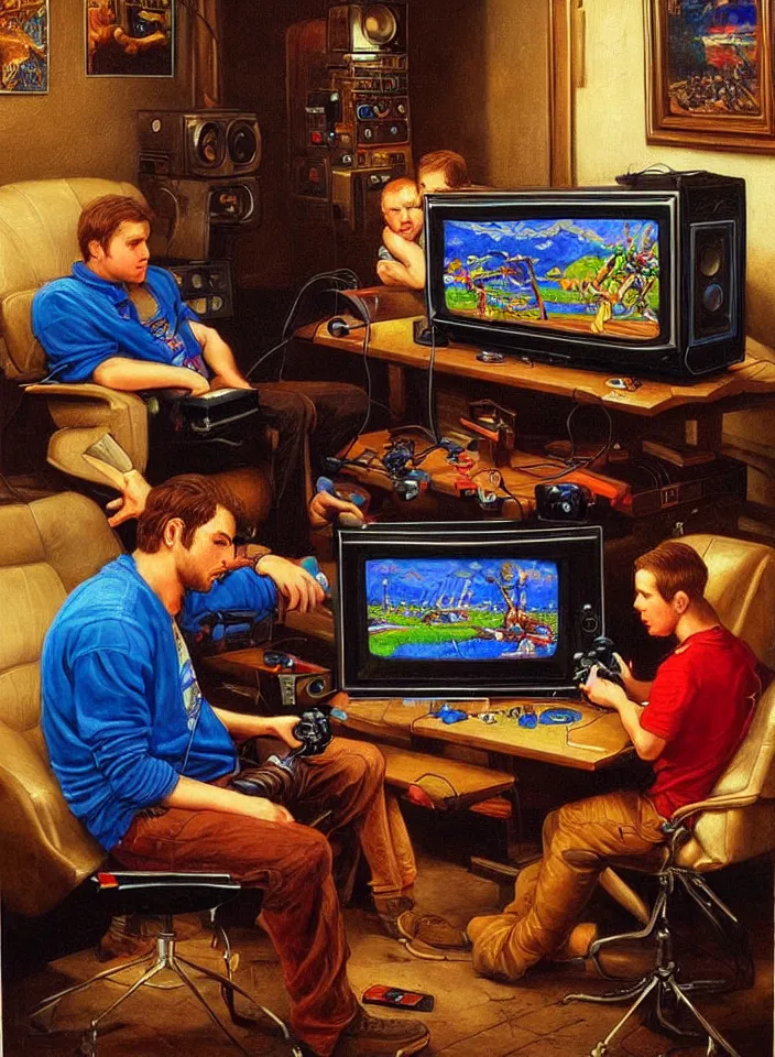 Prompt: Portrait of men playing video games on CRT television using Atari joysticks. Painting by Robert Edward Hughes. Intricate details. hyper realism. Masterpiece.