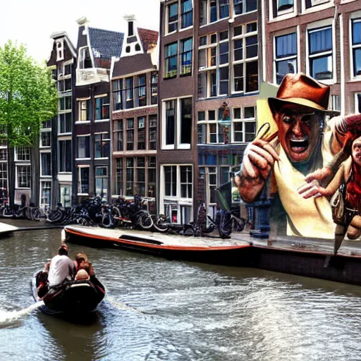 Prompt: indiana jones chased by a giant builder in amsterdam canal