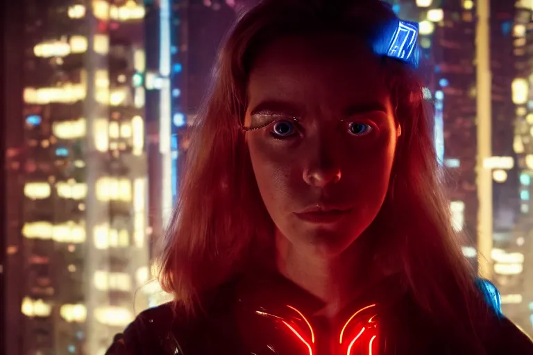 Image similar to cinematography closeup portrait of a cyborg woman in a cyberpunk apartment, neon lighting, night, by Emmanuel Lubezki