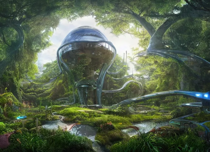 Image similar to detailed underground lair hideout, complex robotic apparatus, shire, utopian hobbit-hole, intricate futuristic technology, arcology made out of lush flora, dense quaint pastoral fantasy landscape, giant PC water cooling tubes filled with glowing liquid illuminating, shire, magic hour, futuristic treehouse jungle, 3d render by Ivan Shishkin