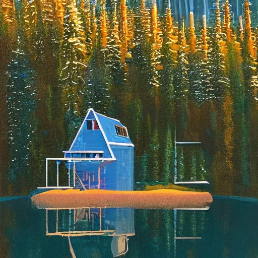 Image similar to small robot cottage at the edge of a lake in the mountains, painterly painting by james gueney and beeple, soft glowing windows, early evening, reflections, pine trees, detailed, outlined