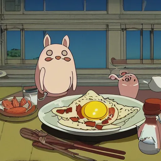 Prompt: bacon and eggs in the morning by studio ghibli