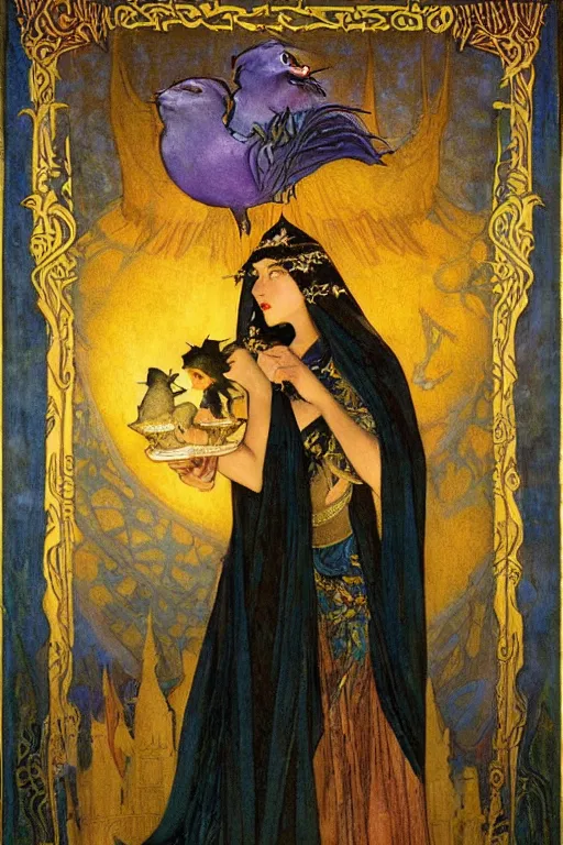 Image similar to queen of night with her lantern and birds, by Nicholas Roerich and Annie Swynnerton and jean delville and Gaston Bussière, black leather and embroidered velvet, iridescent beetles, rich color, dramatic cinematic lighting, extremely detailed