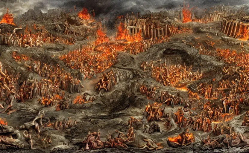 Image similar to a detailed matte painting of the most disturbing depiction of hell, in the style of dantes inferno