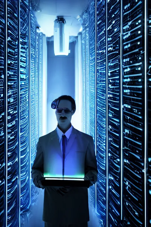 Image similar to futuristic scientist is holding a folder, he is in shock, dark building of server room, neon light, the folder glows and lights up his face, dramatic lighting, ethereal, stunning, breathtaking, awe - inspiring award - winning, 8 k