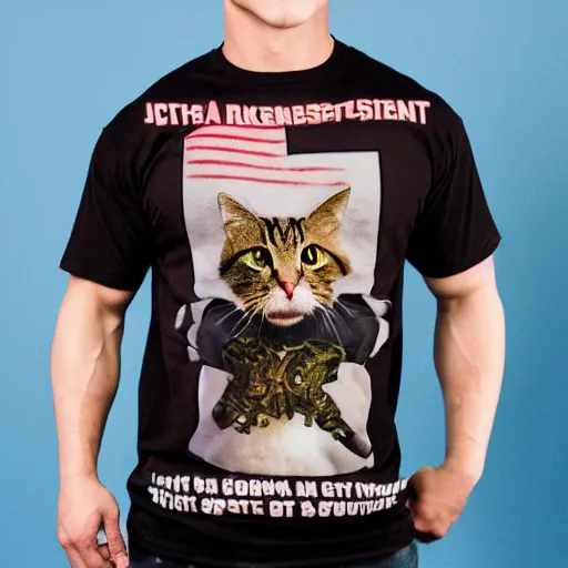 Prompt: cat wearing john cena shirt, photo, 8k, hyper realistic, photography