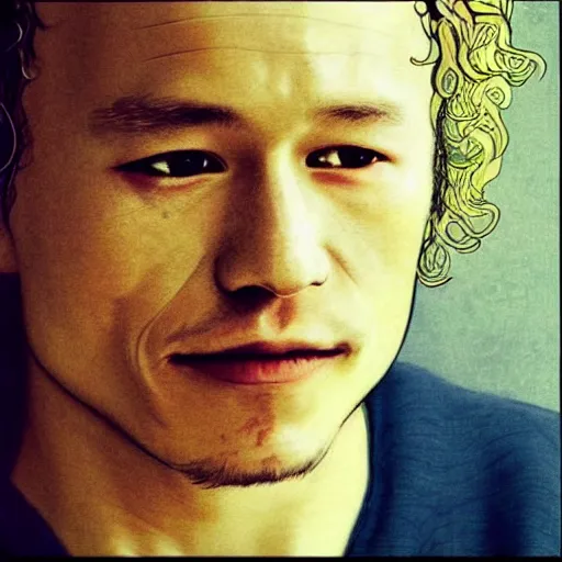 Image similar to “ heath ledger portrait by ikenaga yasunari and ayana otake and ko rakusui, 6 0 s poster, drawing, realistic, sharp focus, japanese, dreamy, nostalgia, faded, golden hues, floral clothes, porcelain skin ”