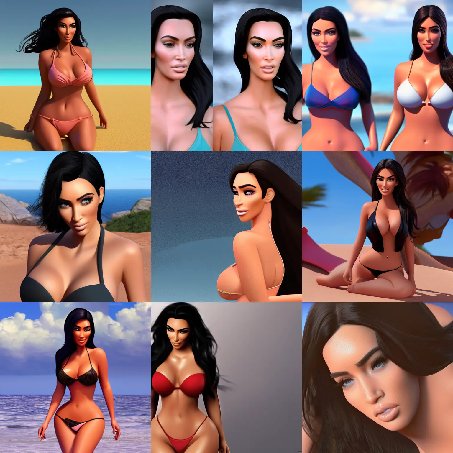 Prompt: a mix between kim kardashian and megan fox, bikini,, 3 d, 4 k, walt disney animation studios, cgi