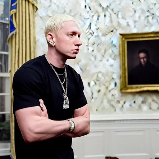 Image similar to Eminem in the president's office in the White House, photorealistic, high definition, cinematic lighting,