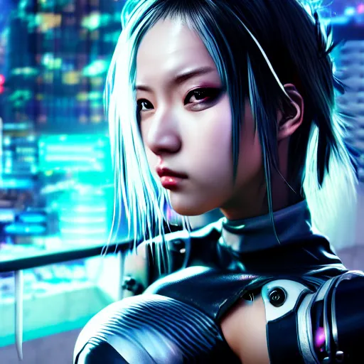 Image similar to An epic comic hyperrealistic anime painting of a cyber warrrior girl wearing futuristic wardrobe, black and silver, ultradetailed face expression trending on artstation and artbreeder, cyberpunk 2077 color, heavy rainning at tokyo street night, neon ligh, DAZ, 8k, unreal 5 engine render, cosplay, RPG portrait, final fantasy Vll world concept, dramatic lighting, rim lights, PS5 render quality