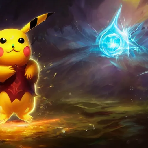 Image similar to portrait of pikachu as a spellcaster, league of legends amazing splashscreen artwork, legends of runeterra, splash art, natural light, elegant, photorealistic facial features, intricate, fantasy, detailed face, atmospheric lighting, anamorphic lens flare, cinematic lighting, league of legends splash art, hd wallpaper, ultra high details by greg rutkowski