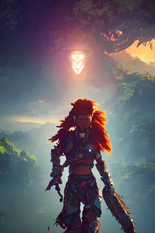 Image similar to combination suit armor aloy horizon forbidden west horizon zero dawn radiating a glowing aura global illumination ray tracing hdr fanart arstation by ian pesty and alena aenami artworks in 4 k tribal robot ninja mask helmet backpack