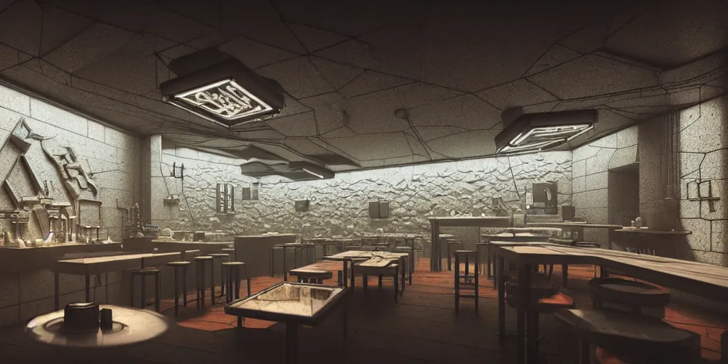 Image similar to Highly detailed realistic photo of interior design in style of minimalism by Hiromasa Ogura and Josan Gonzalez of detailed cyberpunk tavern with stone walls and neon lights, a lot of electronics and people, many details. Natural white sunlight from the transperient roof. Rendered in Blender