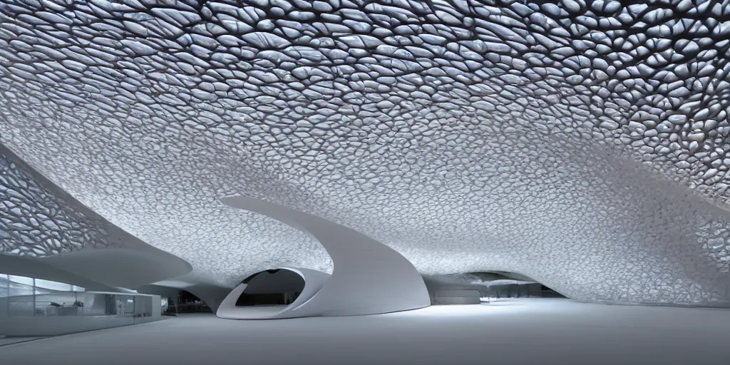 Prompt: extremely detailed awe ornate stunning beautiful futuristic smooth curvilinear elegant museum symmetrical interior by zaha hadid, translucent gills, stunning volumetric light, stainless steel, concrete, translucent material, beautiful sunset, hyper real, 8 k, colorful, 3 d cinematic volumetric light, atmospheric light