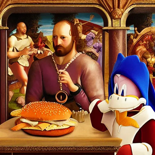 Image similar to Spyro the Dragon eating a whopper at Burger King, in the style of a renaissance painting, historical painting