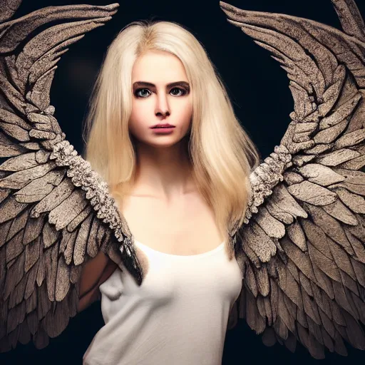 Image similar to very pretty blond female angel with huge wings in a dark cave, perfect symmetrical face, shallow depth of field, moody lighting, single point of light, 8 k, cultural realistic, in the style of martina fackova,