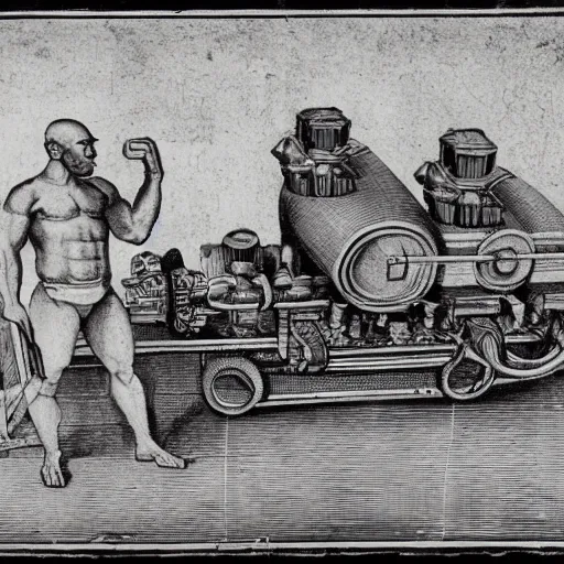 Image similar to a muscular bald man carrying engines on his back, technical diagram