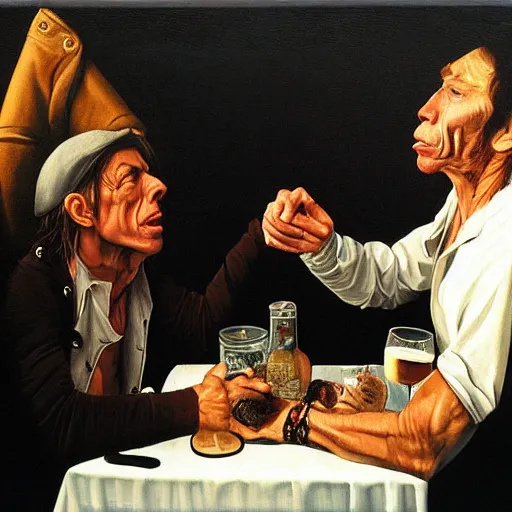 Image similar to Tom Waits and Iggy Pop talking in a pub by Jim Jarmush, oil painting by Caravaggio