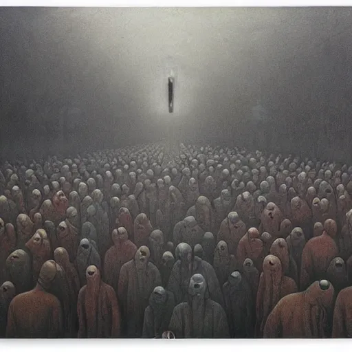 Prompt: a very crowded morning subway station, painted by zdzisław beksinski,